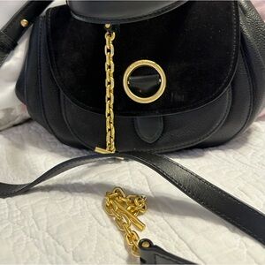 Leather, suede, brass hardware, short handle, long strap